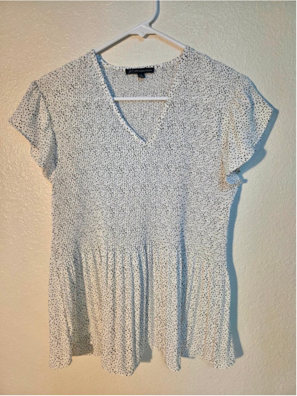 Adrianna Papell Women’s Small White Polka Dot Pleated Peplum Blouse Flutter Slee
